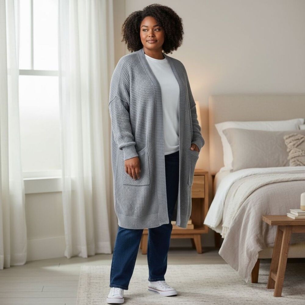 Women's 4X Open Sweater Gray Cable Knit with Pockets-New